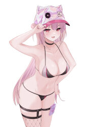 Rule 34 | 1girl, :d, absurdres, adjusting clothes, adjusting headwear, animal ear headwear, animal ears, animal hat, arm up, armpits, bare shoulders, bikini, black bikini, black choker, blush, breasts, cat hat, choker, cleavage, collarbone, commentary request, fake animal ears, fang, fishnet thighhighs, fishnets, girls&#039; frontline, hat, highres, holster, large breasts, long hair, looking at viewer, navel, official alternate costume, open mouth, pink hair, pink hat, red eyes, simple background, smile, solo, stomach, swimsuit, thigh holster, thigh strap, thighhighs, ukm-2000 (girls&#039; frontline), ukm-2000 (soda tale) (girls&#039; frontline), vii22581034, white background
