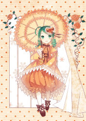 Rule 34 | 1girl, cuivre, curtains, doll, dress, drill hair, flower, green eyes, green hair, hair ornament, heart, kanaria, long sleeves, matching hair/eyes, open mouth, pantyhose, parasol, plant, rose, rozen maiden, smile, solo, umbrella, vines