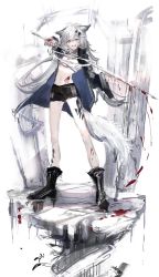 Rule 34 | 1girl, animal ears, arknights, black footwear, black jacket, black shorts, blood, blood on chest, blood on ground, blood on leg, bloody weapon, boots, commentary, gawako, grey eyes, hair ornament, hairclip, highres, holding, holding sword, holding weapon, jacket, lappland (arknights), long hair, long sleeves, material growth, midriff, navel, open clothes, open jacket, oripathy lesion (arknights), parted lips, scar, scar across eye, scar on face, shorts, silver hair, solo, sword, tail, weapon, white background, wolf ears, wolf girl, wolf tail
