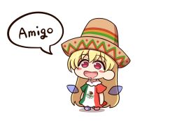 Rule 34 | 1girl, blonde hair, blush stickers, chibi, clownpiece, commentary, detached wings, dress, drooling, fairy wings, full body, hat, highres, long hair, mexican flag, open mouth, red eyes, shitacemayo, smile, solo, sombrero, spanish text, star (symbol), touhou, translated, very long hair, wings
