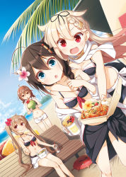 Rule 34 | 4girls, ahoge, banana, banana slice, bare arms, bare shoulders, beach, bench, bikini, bikini shorts, bikini skirt, black choker, black ribbon, blonde hair, blue eyes, blue sky, blush, braid, breasts, brown eyes, brown hair, building, cherry tomato, chestnut mouth, choker, cleavage, cloud, commentary request, cup, day, disposable cup, drinking straw, dutch angle, enemy lifebuoy (kancolle), flower, food, food request, fruit, garlic, gradient hair, groin, hair between eyes, hair flaps, hair flower, hair ornament, hair ribbon, hairband, highres, hug, hug from behind, kantai collection, light brown hair, long hair, low twintails, medium hair, multicolored hair, multiple girls, murasame (kancolle), navel, ocean, off shoulder, on bench, outdoors, palm tree, pink flower, red eyes, red hairband, ribbon, sarong, scarf, shigure (kancolle), shigure kai ni (kancolle), shiratsuyu (kancolle), short shorts, shorts, shrimp, single braid, sitting, sky, smile, sparkle, sparkling eyes, standing, swimsuit, tan, tanline, tomato, tree, twintails, very long hair, white scarf, white shorts, wristband, yellow flower, yume no owari, yuudachi (kancolle), yuudachi kai ni (kancolle)