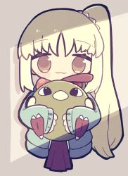 Rule 34 | 1girl, bird, blonde hair, blue jacket, bocchi the rock!, brown eyes, chibi, closed mouth, commentary, creatures (company), crossover, game freak, gen 2 pokemon, highres, holding, ijichi nijika, jacket, long hair, long sleeves, looking at viewer, natu, nintendo, pokemon, pokemon (creature), ry (pitamin5), side ponytail, sidelocks, smile, symbol-only commentary, upper body, very long hair