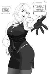 Rule 34 | 1girl, absurdres, black gloves, bow, breasts, cowboy shot, dress suit, earrings, english text, formal, gloves, greyscale, ace attorney, hand on own hip, highres, instant loss, jewelry, franziska von karma, large breasts, lips, looking at viewer, mole, mole under eye, monochrome, open mouth, pantyhose, pomki, short hair, shouting, skirt, solo, speech bubble, standing, talking, v-shaped eyebrows, white background