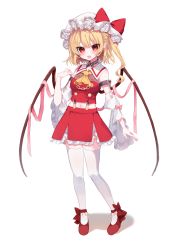 Rule 34 | 1girl, :d, absurdres, adapted costume, alternate wings, ascot, bare shoulders, blonde hair, blush, bow, breasts, buttons, collared shirt, commentary request, crystal, crystal earrings, detached sleeves, earrings, eyelashes, eyes visible through hair, fang, flandre scarlet, flower, frills, full body, gold, hair between eyes, hand up, hat, hat bow, hat ribbon, heart, highres, jewelry, juliet sleeves, long sleeves, looking at viewer, looking to the side, medium breasts, miniskirt, mob cap, navel, open mouth, petticoat, pink bow, pointy ears, puffy sleeves, red bow, red eyes, red footwear, red ribbon, red shirt, red skirt, red vest, ribbon, rori82li, rose, shirt, shoes, short hair, simple background, skirt, skirt set, smile, solo, standing, tape, teeth, thighhighs, tongue, touhou, vest, white background, white flower, white hat, white rose, white shirt, white thighhighs, wide sleeves, wings, wrist cuffs, yellow ascot