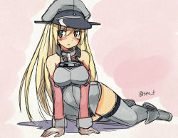 Rule 34 | &gt;:&lt;, 10s, 1girl, :&lt;, all fours, bare shoulders, bismarck (kancolle), blonde hair, blue eyes, blush, brown gloves, closed mouth, detached sleeves, gloves, gradient background, grey thighhighs, hat, kantai collection, long hair, long sleeves, looking away, looking to the side, military, military uniform, peaked cap, pink background, seo tatsuya, solo, thighhighs, twitter username, uniform, v-shaped eyebrows, very long hair, zettai ryouiki