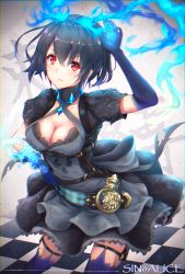 Rule 34 | 1girl, absurdres, alice (sinoalice), black gloves, blush, breasts, chromatic aberration, cleavage, copyright name, elbow gloves, gloves, highres, large breasts, looking at viewer, parted lips, red eyes, short hair, sinoalice, smile, solo, toki (toki ship8)