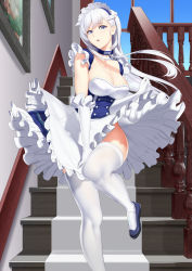 Rule 34 | 1girl, :o, apron, azur lane, belfast (azur lane), blue eyes, blue sky, blush, braid, breasts, chain, cleavage, cloud, collar, collarbone, day, dress, french braid, frills, gloves, gt-apex, highres, indoors, large breasts, long hair, looking at viewer, maid, maid headdress, open mouth, photo (object), sidelocks, silver hair, sky, solo, stairs, white gloves, wind, wind lift, window
