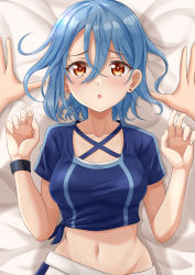 Rule 34 | 1girl, :o, absurdres, bed sheet, blue hair, blue shirt, blush, breasts, brown eyes, collarbone, commentary request, cowboy shot, crossed bangs, earrings, groin, hair between eyes, highres, jewelry, looking at viewer, love live!, love live! superstar!!, lying, medium breasts, midriff, navel, on back, pants, pov, pov hands, shadow, shirt, short hair, short sleeves, sidelocks, solo focus, stud earrings, tied shirt, track pants, wakana shiki, white pants, wristband, yachan