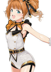 Rule 34 | 1girl, :d, aqua eyes, armpits, belt, breasts, buckle, cleavage, cleavage cutout, clothing cutout, commentary, happy, highres, idol, idolmaster, idolmaster (classic), idolmaster stella stage, open mouth, orange hair, shorts, simple background, sleeveless, smile, solo, takatsuki yayoi, top! clover (idolmaster), tsurui, twintails