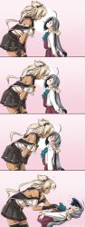 Rule 34 | 10s, 2girls, ahoge, bare shoulders, black footwear, black gloves, black skirt, blush, boots, breasts, budget sarashi, comic, commentary request, dark-skinned female, dark skin, dated, fainting, food, glasses, gloves, grey hair, hands on thighs, height difference, highres, kantai collection, kiss, kiyoshimo (kancolle), large breasts, long hair, long sleeves, looking at another, looking down, looking up, multiple girls, musashi (kancolle), musashi kai (kancolle), open mouth, pantyhose, pleated skirt, pocky, pocky kiss, purple eyes, purple legwear, purple skirt, sarashi, shared food, shirt, simple background, skirt, tatsumi ray, thigh boots, thighhighs, twintails, twitter username, very long hair, white hair, white shirt, yuri