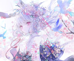 Rule 34 | 1girl, animal, animal ears, bird, branch, commentary, floating hair, floral print, flower, from side, grey hair, hair between eyes, hair flower, hair ornament, hand up, highres, japanese clothes, kimono, long hair, long sleeves, looking at viewer, looking to the side, onineko, original, pink flower, print kimono, purple eyes, rabbit ears, solo, symbol-only commentary, upper body, white flower, white kimono, wide sleeves