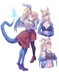 Rule 34 | 2girls, aqua eyes, blonde hair, blue eyes, blue scales, blush, bra, breasts, commentary, dragon girl, dragon horns, dragon tail, english commentary, extremely-nervess, height difference, highres, horns, large breasts, lifting person, long hair, multiple girls, muscular, muscular female, original, pointy ears, scales, school uniform, sharp teeth, simple background, sports bra, tail, teeth, thighhighs, underwear