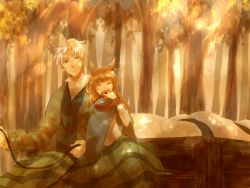 Rule 34 | 1boy, 1girl, animal ears, apple, blanket, brown hair, cloak, craft lawrence, eating, closed eyes, food, forest, fruit, height difference, holo, jacket, light rays, light smile, nature, noena, reins, riding, sitting, spice and wolf, sunbeam, sunlight, white hair, wolf ears