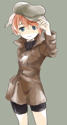 Rule 34 | 1girl, bad id, bad pixiv id, bike shorts, blue eyes, coat, cowboy shot, green background, hand on headwear, hat, hloox, isabelle du monceau de bergendal, light smile, long sleeves, looking at viewer, orange hair, scarf, short hair, simple background, solo, strike witches, striped clothes, striped scarf, world witches series