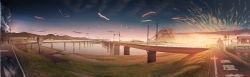 Rule 34 | absurdres, banishment, bridge, cloud, commentary request, day, grass, highres, koinobori, no humans, original, outdoors, panorama, power lines, railroad crossing, railroad tracks, river, road, road sign, ruins, scenery, sign, sky, street, sunset, transmission tower, windsock
