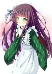 Rule 34 | 1girl, ama usa an uniform, apron, arm behind back, blue ribbon, blunt bangs, bright pupils, brown hair, closed mouth, commentary request, cowboy shot, flat chest, floral background, flower, gochuumon wa usagi desu ka?, gradient background, green eyes, green kimono, hair flower, hair ornament, hand to own mouth, highres, hizaka, holding, holding tray, japanese clothes, kimono, long hair, long sleeves, looking at viewer, maid apron, multicolored background, pink flower, polka dot trim, ribbon, smile, solo, standing, striped clothes, striped kimono, tray, ujimatsu chiya, white apron, wide sleeves