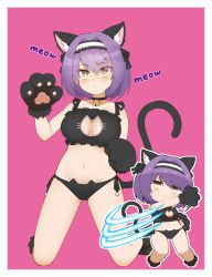 Rule 34 | 1girl, animal ear fluff, animal ears, animal hands, azur lane, bare shoulders, bell, black bra, black gloves, black panties, blush, bra, breasts, cap105, cat cutout, cat ear panties, cat ears, cat lingerie, cat tail, choker, cleavage, cleavage cutout, clothing cutout, collarbone, commentary request, frilled bra, frills, frown, full body, gloucester (azur lane), gloves, groin, hair between eyes, hair over one eye, hairband, highres, jingle bell, kemonomimi mode, kneeling, lace-trimmed hairband, lace trim, large breasts, lingerie, looking at viewer, meme attire, midriff, motion lines, navel, neck bell, panties, parted lips, paw gloves, paw pose, pink background, purple background, purple hair, short hair, side-tie panties, sidelocks, simple background, tail, underwear, yellow eyes