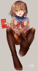 Rule 34 | 1girl, artist name, ashida machi, beads, black pantyhose, blush, bow, bowtie, brown background, brown hair, cardigan, commentary, eyebrows, feet, food, food print, gurande (g-size), hair beads, hair between eyes, hair ornament, highres, holding, legs, no shoes, open mouth, original, pantyhose, pocky, pocky day, red bow, red bowtie, school uniform, serafuku, short hair, signature, simple background, sleeves past wrists, soles, solo, thighs, toes, twintails, two side up, wavy mouth, yellow eyes
