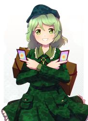 Rule 34 | 1girl, absurdres, camouflage, camouflage jacket, camouflage skirt, card, cowboy shot, dress, dungeon toaster, green dress, green eyes, green hair, grin, hat, highres, jacket, military hat, petticoat, simple background, skirt, smile, solo, touhou, unconnected marketeers, white background, yamashiro takane