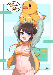 Rule 34 | 1girl, :d, absurdres, arms up, bikini, black hair, blue eyes, blush, breasts, collarbone, commentary request, cowboy shot, green jacket, highres, holding, holding toy, hololive, jacket, long sleeves, looking at viewer, navel, oozora subaru, oozora subaru (hololive summer 2019), open clothes, open jacket, open mouth, orange bikini, orange jacket, polka dot, rubber duck, sato art, short hair, signature, smile, solo, stomach, striped bikini, striped clothes, swimsuit, toy, translation request, virtual youtuber, white bikini