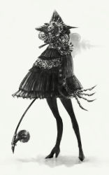 Rule 34 | arms at sides, black dress, boots, circular saw, claws, dress, full body, grey background, greyscale, helmet, high heel boots, high heels, highres, holding, holding weapon, matajirou (matagiro), mechanical arms, monochrome, original, saw, simple background, single mechanical arm, skull, solo, standing, weapon, white background