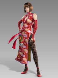 Rule 34 | 1girl, 3d, absurdres, anna williams, breasts, brown hair, china dress, chinese clothes, cleavage, dress, elbow gloves, female focus, full body, gloves, gradient background, high heels, highres, namco, official art, pantyhose, shoes, short hair, solo, tekken, tekken 2, tekken 3, tekken 5 (dark resurrection), tekken blood vengeance, tekken tag tournament, tekken tag tournament 2