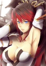 Rule 34 | 1girl, armpits, arms up, artist name, bare shoulders, blue eyes, breasts, brown hair, cleavage, collarbone, detached sleeves, female focus, hair ornament, hananon, large breasts, lips, long hair, multicolored hair, nanbu kaguya, parted lips, ponytail, red hair, solo, super robot wars, super robot wars og saga mugen no frontier, two-tone hair