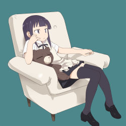 Rule 34 | 1girl, apron, black thighhighs, bored, bow, bowtie, couch, daisy (working!!), dress shirt, frown, green background, highres, long hair, looking away, nse, purple eyes, purple hair, shadow, shirt, shoes, short sleeves, simple background, sitting, solo, stuffed animal, stuffed toy, teddy bear, thighhighs, waitress, working!!, yamada aoi, zettai ryouiki