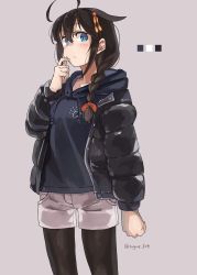 Rule 34 | 1girl, ahoge, alternate costume, black hair, black jacket, black sweater, blue eyes, braid, coat, color guide, commentary request, cowboy shot, down jacket, grey background, hair flaps, hair ornament, hair over shoulder, highres, hood, hooded sweater, hoodie, jacket, kantai collection, long hair, looking at viewer, pantyhose, shigure (kancolle), shigure kai ni (kancolle), shorts, single braid, solo, standing, sugue tettou, sweater, white shorts, winter clothes, winter coat