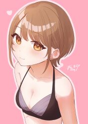 Rule 34 | 1girl, absurdres, bare shoulders, bikini, black bikini, blush, border, breasts, brown hair, cleavage, closed mouth, collarbone, dot nose, halterneck, heart, highres, looking at viewer, mitora nao, orange eyes, original, parted bangs, pink background, short hair, simple background, small breasts, smile, solo, swept bangs, swimsuit, upper body, white border