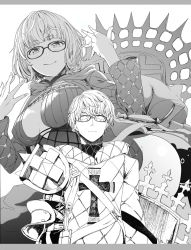 Rule 34 | 1boy, 1girl, black dress, blank eyes, breasts, cleavage, cropped jacket, dress, dual persona, fate/grand order, fate/grand order arcade, fate (series), gender request, genderswap, glasses, greyscale, highres, hooded dress, jacques de molay (foreigner) (fate), jacques de molay (saber) (fate), knights templar, looking at viewer, medium breasts, monochrome, no pupils, smile, syatey