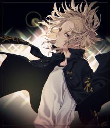 Rule 34 | 1boy, absurdres, black background, black coat, black eyes, blonde hair, closed mouth, coat, coat on shoulders, diffraction spikes, forehead, highres, huge filesize, light, long sleeves, looking at viewer, male focus, medium hair, sano manjirou, shirt, solo, tokyo revengers, tsurime, upper body, white shirt, yokaze (xxxdisxxx)