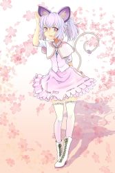Rule 34 | 1girl, alternate hairstyle, animal ears, arm up, blush, boots, cherry blossoms, cross-laced footwear, grey hair, highres, ishikkoro, lace, lace-trimmed legwear, lace trim, looking at viewer, mouse ears, mouse tail, nazrin, open mouth, ponytail, red eyes, shadow, short hair, skirt, smile, solo, tail, thighhighs, touhou, white thighhighs