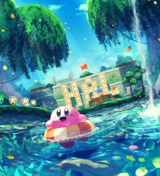 Rule 34 | absurdres, awoofy, bandana, bandana waddle dee, block (object), blue bandana, blue sky, blush stickers, bug, butterfly, closed eyes, cloud, colored skin, day, falling leaves, grass, highres, insect, kirby, kirby (series), kirby and the forgotten land, leaf, lifebuoy, morpho knight, mushroom, nature, nintendo, no humans, open mouth, petals, petals on liquid, pink skin, scenery, sky, sleeping, smile, suyasuyabi, swim ring, tree stump, twitter username, warp star, water, waterfall