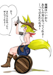 Rule 34 | 1girl, absurdres, animal ears, aqua eyes, bare arms, bare shoulders, barrel, bike shorts, blonde hair, breasts, brown footwear, brown hat, cowboy hat, doitsuken, fang, flying sweatdrops, fox ears, fox tail, gun, hand on own hip, hat, heart, highres, holding, holding gun, holding weapon, original, red neckwear, short hair, shorts, sideboob, simple background, sitting, sleeveless, solo, speech bubble, star (symbol), tail, weapon, white background