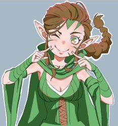 Rule 34 | 1girl, :i, ao mtg, blue background, braid, brown eyes, brown hair, detached sleeves, dress, elf, facial mark, female focus, fingers to cheeks, green dress, head tilt, highres, long pointy ears, looking at viewer, magic: the gathering, nissa revane, one eye closed, outline, pointy ears, simple background, single braid, smile, solo, white outline