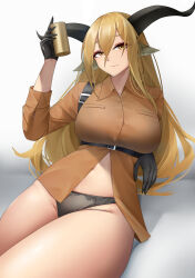 Rule 34 | 1girl, absurdres, animal ears, arknights, beer can, black gloves, black panties, blonde hair, breast pocket, breasts, brown shirt, can, casperrin, closed mouth, collared shirt, degenbrecher (arknights), dress shirt, drink can, gloves, goat ears, goat girl, goat horns, highres, holding, holding can, horns, large breasts, long sleeves, looking at viewer, navel, panties, pocket, shirt, simple background, smile, thighs, underbust, underwear, white background, yellow eyes