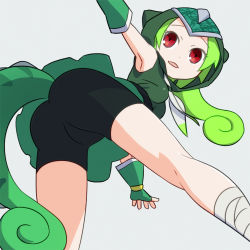 Rule 34 | 10s, 1girl, armpits, ass, bandages, bandaged leg, bandages, bike shorts, chameleon tail, commentary request, fingerless gloves, from below, gloves, green gloves, green hair, green shirt, green skirt, highres, hood, kemono friends, kneepits, looking back, outstretched arms, panther chameleon (kemono friends), red eyes, sat-c, shirt, skirt, sleeveless, sleeveless shirt, solo, spread arms, tail, upskirt