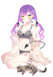 Rule 34 | 1girl, :o, absurdres, ankle strap, barefoot, beige cardigan, black bow, black ribbon, blunt bangs, blush, bow, bow bra, bow panties, bra, breasts, cardigan, cat, checkered bra, checkered clothes, checkered panties, chiyomaru (yumichiyo0606), collarbone, drill hair, earrings, green eyes, hair ornament, hair ribbon, hairclip, highres, hololive, jewelry, lace, lace-trimmed bra, lace trim, long sleeves, looking at viewer, multicolored hair, navel, open cardigan, open clothes, open mouth, panties, purple hair, ribbon, simple background, sitting, small breasts, soles, tokoyami towa, twin drills, twintails, two-tone hair, underwear, virtual youtuber, wariza, white background
