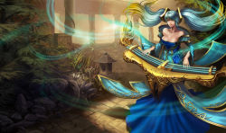 Rule 34 | 1girl, bare shoulders, blue hair, breasts, cleavage, detached sleeves, dress, gradient hair, hair ornament, impossible clothes, impossible dress, large breasts, league of legends, long hair, low neckline, multicolored hair, official art, outdoors, solo, sona (league of legends), twintails, very long hair, yellow eyes