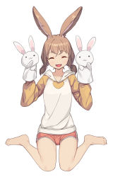 Rule 34 | 1girl, :d, ^ ^, animal ears, bare legs, barefoot, brown hair, closed eyes, commentary, closed eyes, fang, full body, hand puppet, hands up, hood, hood down, hoodie, long sleeves, low twintails, medium hair, open mouth, original, puppet, rabbit ears, red shorts, saiste, short shorts, shorts, simple background, sitting, skin fang, smile, solo, symbol-only commentary, twintails, wariza, white background
