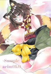 Rule 34 | 1girl, absurdres, animal ears, arim0k0, bottomless, breasts, brown eyes, brown hair, checkered clothes, checkered scarf, cleavage, commentary, futatsuiwa mamizou, highres, huge breasts, japanese clothes, kimono, leaf, leaf on head, looking at viewer, marker (medium), raccoon ears, raccoon girl, raccoon tail, round eyewear, sample watermark, scarf, solo, tail, touhou, traditional media, watermark