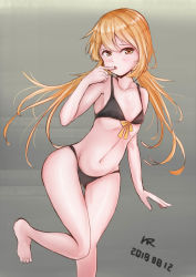 Rule 34 | 1girl, barefoot, bikini, black bikini, blonde hair, dated, feet out of frame, finger to mouth, flat chest, gluteal fold, gradient background, grey background, kantai collection, logiclr, long hair, satsuki (kancolle), solo, standing, standing on one leg, swimsuit, thigh gap, twintails, yellow eyes