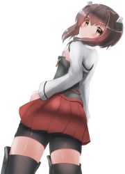Rule 34 | 1girl, ass, bike shorts, bow (weapon), breasts, brown eyes, brown hair, cowboy shot, crossbow, flat chest, from behind, headgear, highres, kantai collection, looking at viewer, pleated skirt, red skirt, redundant-cat, short hair, shorts, shorts under skirt, sideboob, simple background, skirt, small breasts, solo, taihou (kancolle), weapon, white background