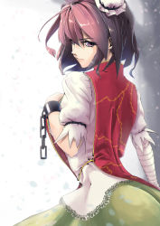 Rule 34 | 1girl, bandaged arm, bandages, bun cover, chain, closed mouth, commentary, cowboy shot, double bun, from behind, green skirt, hair between eyes, hair bun, ibaraki kasen, looking at viewer, looking back, outdoors, pink hair, puffy short sleeves, puffy sleeves, purple eyes, red tabard, shirt, short sleeves, sjglyph, skirt, solo, tabard, touhou, white shirt
