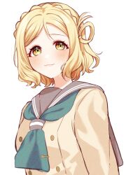 Rule 34 | 1girl, :3, aqua ascot, ascot, bad id, bad twitter id, blonde hair, blush, braid, buttons, closed mouth, crown braid, double-breasted, eyelashes, grey sailor collar, highres, looking at viewer, love live!, love live! sunshine!!, nky4321, ohara mari, sailor collar, school uniform, short hair, simple background, single bang, single hair ring, smile, solo, tareme, tie clip, upper body, uranohoshi school uniform, wavy hair, white background, winter uniform, yellow eyes