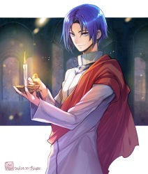 Rule 34 | 1boy, blue eyes, blue hair, candle, closed mouth, fire emblem, fire emblem: the binding blade, holding, holding candle, indoors, long sleeves, looking at viewer, nintendo, robe, saul (fire emblem), short hair, smile, toyota saori, turtleneck, upper body