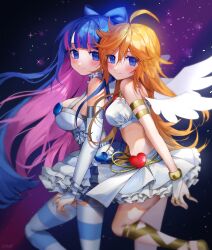 Rule 34 | 2girls, absurdres, ahoge, angel wings, blonde hair, blue bow, blue eyes, blue hair, blush, bow, breasts, closed mouth, commentary, cowboy shot, crop top, dress, frilled dress, frilled skirt, frills, from side, hair between eyes, hair bow, highres, jewelry, large breasts, leg ribbon, long hair, looking at viewer, looking to the side, medium breasts, midriff, multicolored hair, multiple girls, panty &amp; stocking with garterbelt, panty (psg), pink hair, ribbon, ring, shianebulae, shirt, skirt, smile, sparkle, stocking (psg), striped clothes, striped thighhighs, thighhighs, two-tone hair, very long hair, white dress, white shirt, white skirt, wings, yellow ribbon