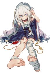 Rule 34 | 1girl, adjusting hair, ahoge, bandaged leg, bandages, barefoot, blood, blood bag, blue eyes, blue nails, choker, closed mouth, dress, fingernails, foreshortening, full body, girls&#039; frontline, hair between eyes, hand up, highres, intravenous drip, jitome, long hair, looking at viewer, manarou, nail polish, ribeyrolles (girls&#039; frontline), silver hair, simple background, sitting, solo, very long hair, white background, wide sleeves