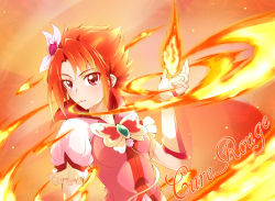 Rule 34 | 00s, 1girl, arm warmers, ashita wa hitsuji, character name, cure rouge, detached sleeves, earrings, english text, eyelashes, fingerless gloves, fire, flower, gloves, gradient background, hair flower, hair ornament, highres, jewelry, looking at viewer, magical girl, natsuki rin, precure, red background, red eyes, red hair, shirt, short hair, solo, spiked hair, vest, yes! precure 5, yes! precure 5 gogo!